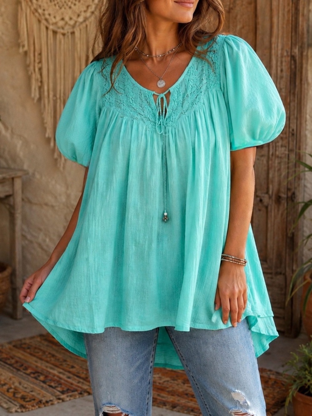 Winter Lennon Mint Gauze Boho Babydoll Peasant Tunic Blouse MED